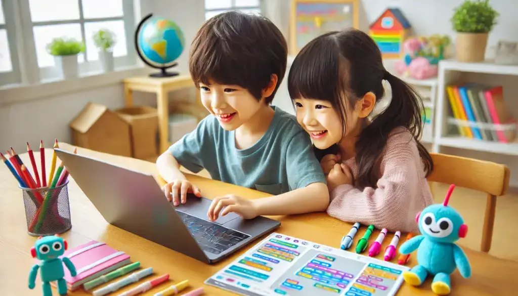 suscratchプログラミングを楽しそうに学んでいる兄弟のイラスト