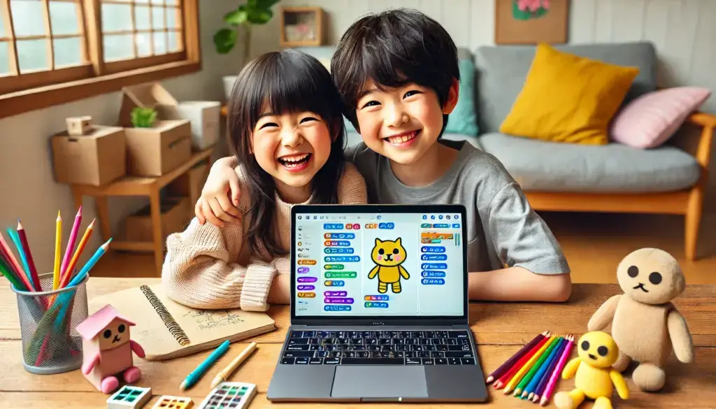 scratchを楽しく学びながら笑顔の小学生兄弟