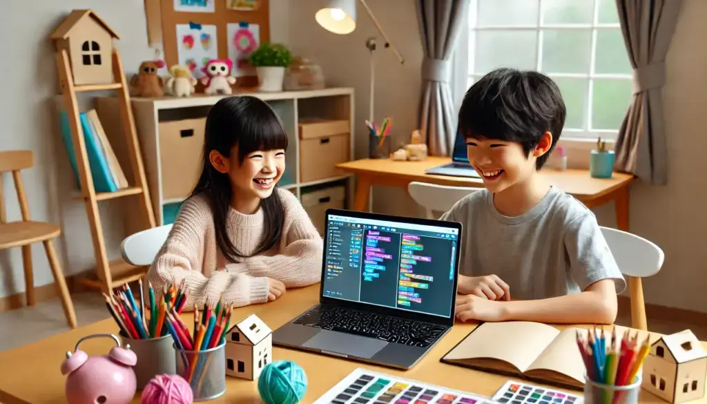 scratchの日本語のプログラミングで出来たゲームに満足そうな子供のイラスト