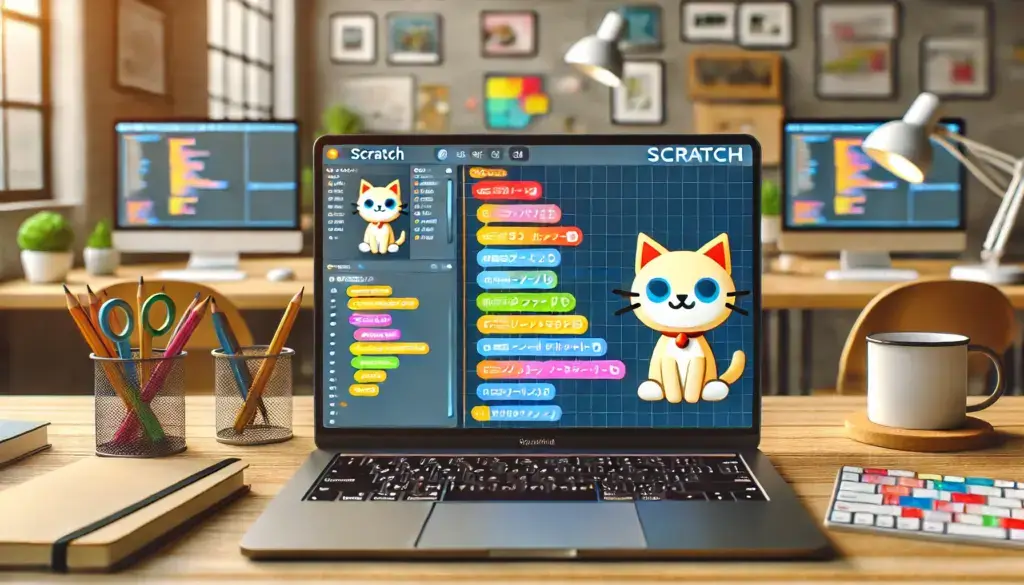 scratchの日本語プログラミングで作成したゲームをみて笑顔の子供のイラスト