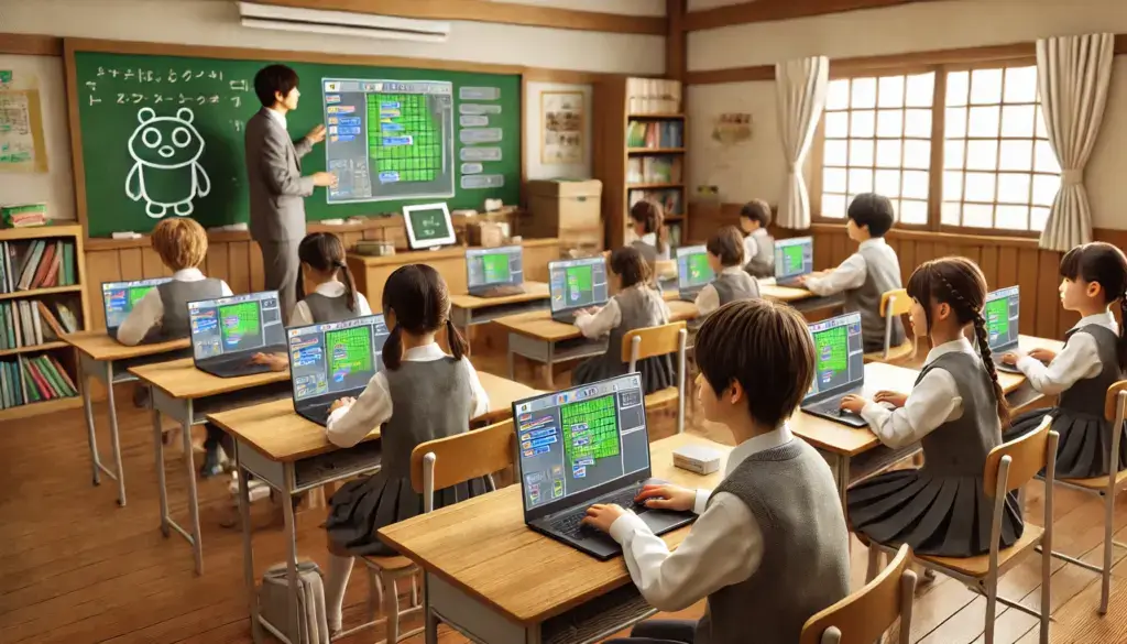 日本の教室の中でscratchの日本語プログラミングをしている画像